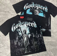 Godspeed Statue of Liberty Graphic Tee in Black/Cyan